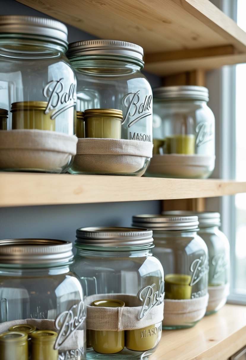 Multiple wide-mouth mason jars containing smaller jars cushioned inside, arranged neatly on wooden shelves for organized storage.