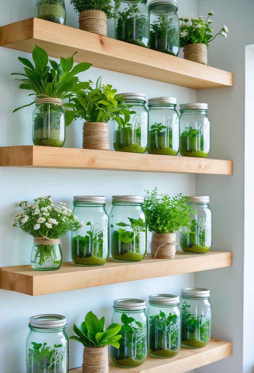 Shelves with multiple mason jars used as planters holding green plants and flowers.