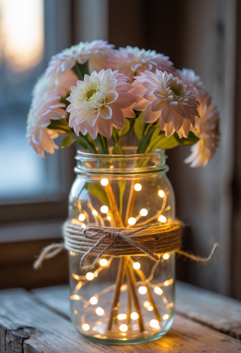 A mason jar wrapped with twine and filled with warm white fairy lights and artificial dahlias on a wooden surface.