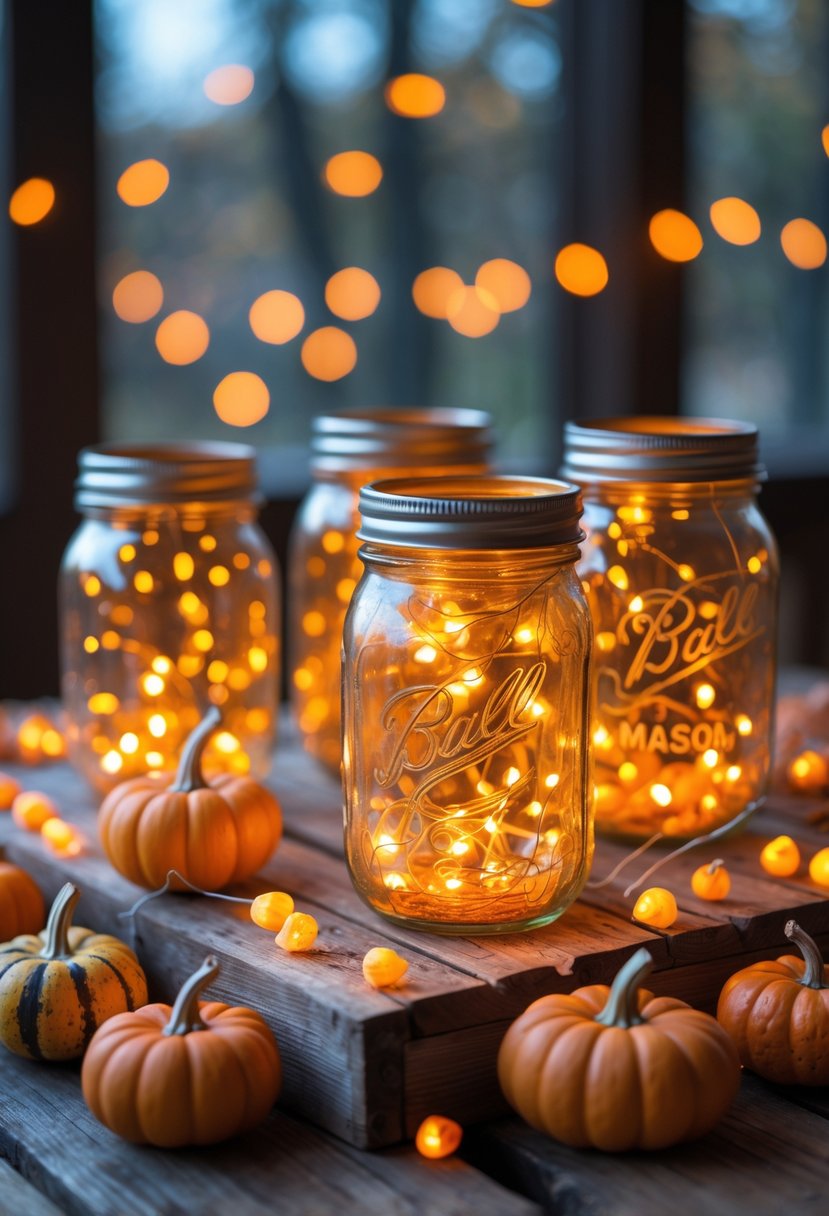 A rustic centerpiece with mason jars containing amber fairy lights surrounded by small mini pumpkins on a wooden surface.