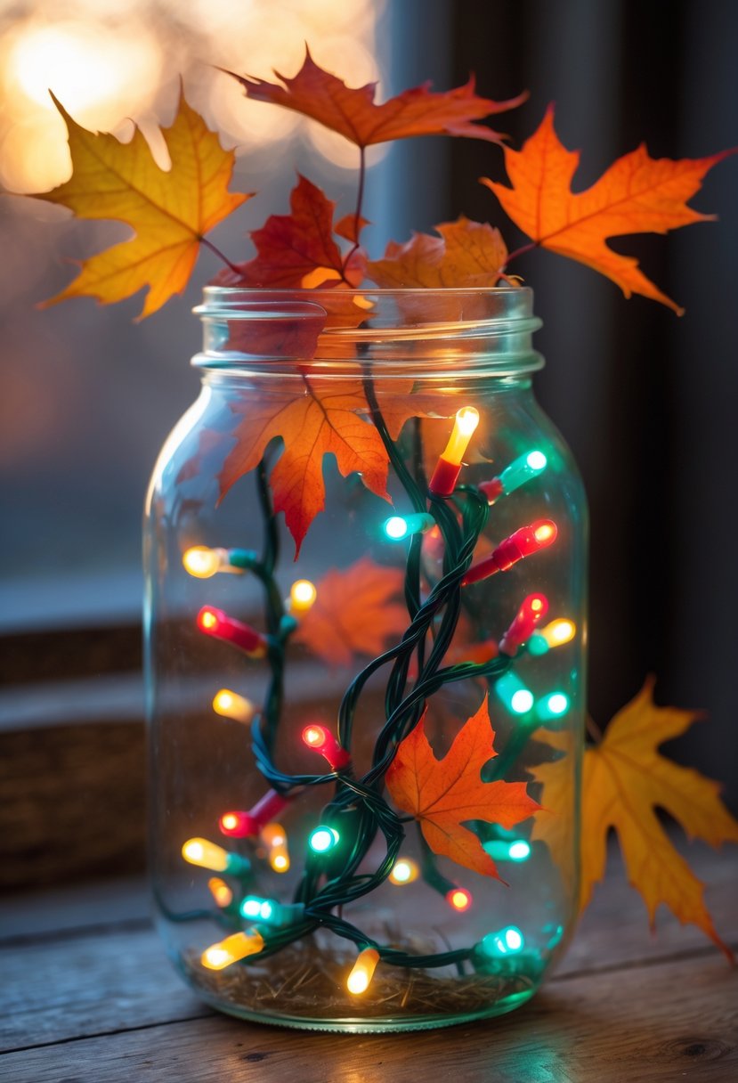 A mason jar filled with glowing multi-colored fairy lights and autumn leaves sits on a wooden surface.