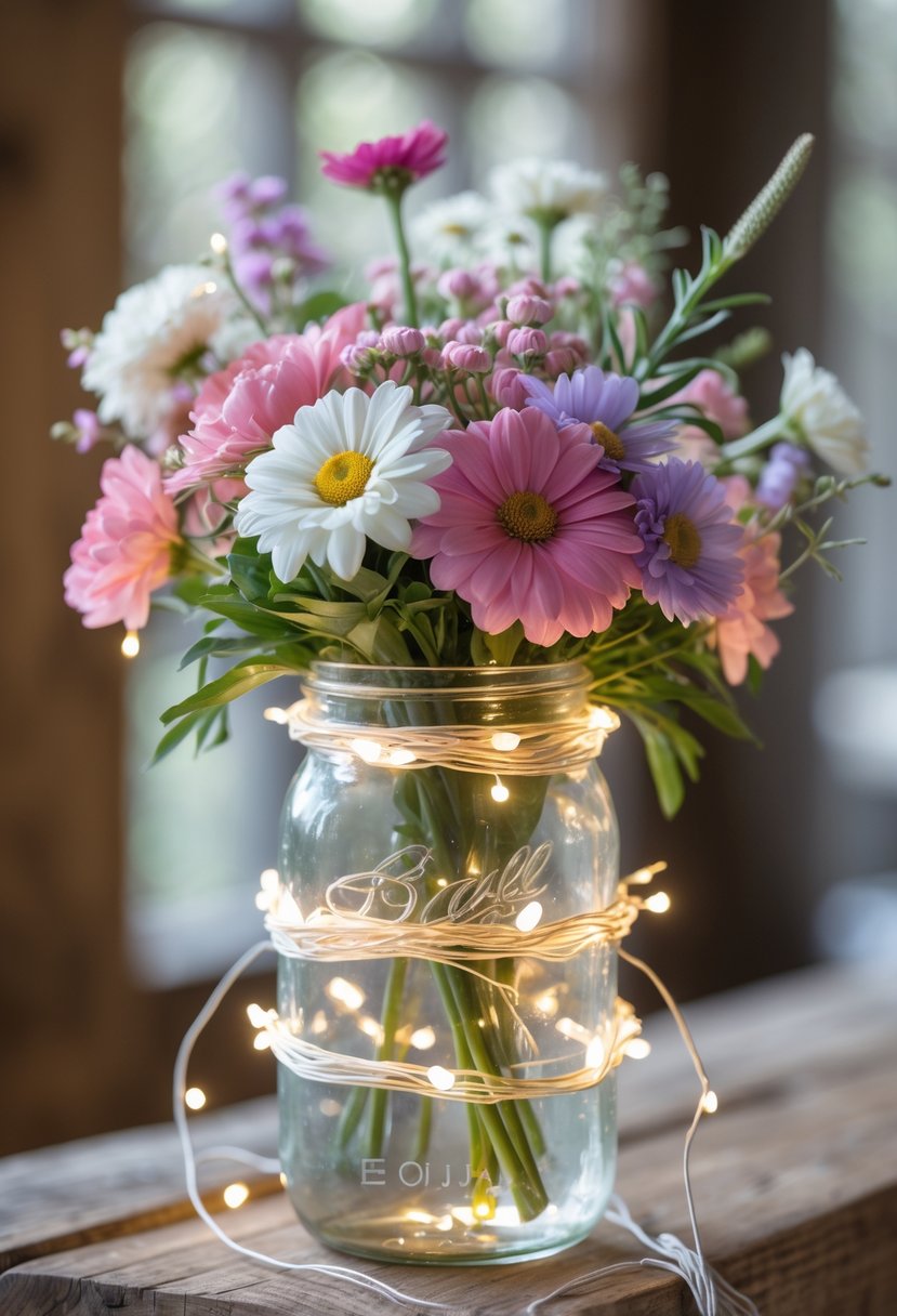 A mason jar filled with colorful flowers and white fairy lights wrapped around its neck on a wooden surface.
