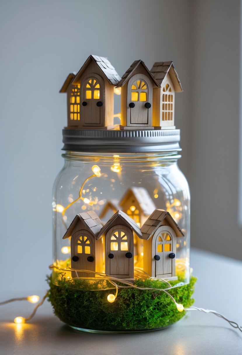 A mason jar with a moss-lined base surrounded by glowing yellow fairy lights and topped with small decorative fairy doors.