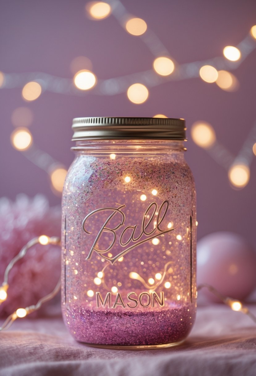 A glitter-coated mason jar glowing softly with pink fairy lights inside, surrounded by more softly lit fairy lights.