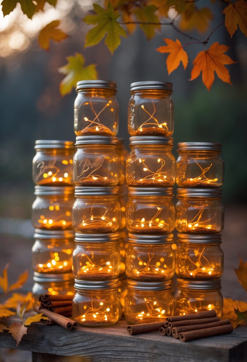 Stacked mason jars filled with glowing fairy lights and cinnamon sticks arranged as a fall centerpiece on a wooden surface.