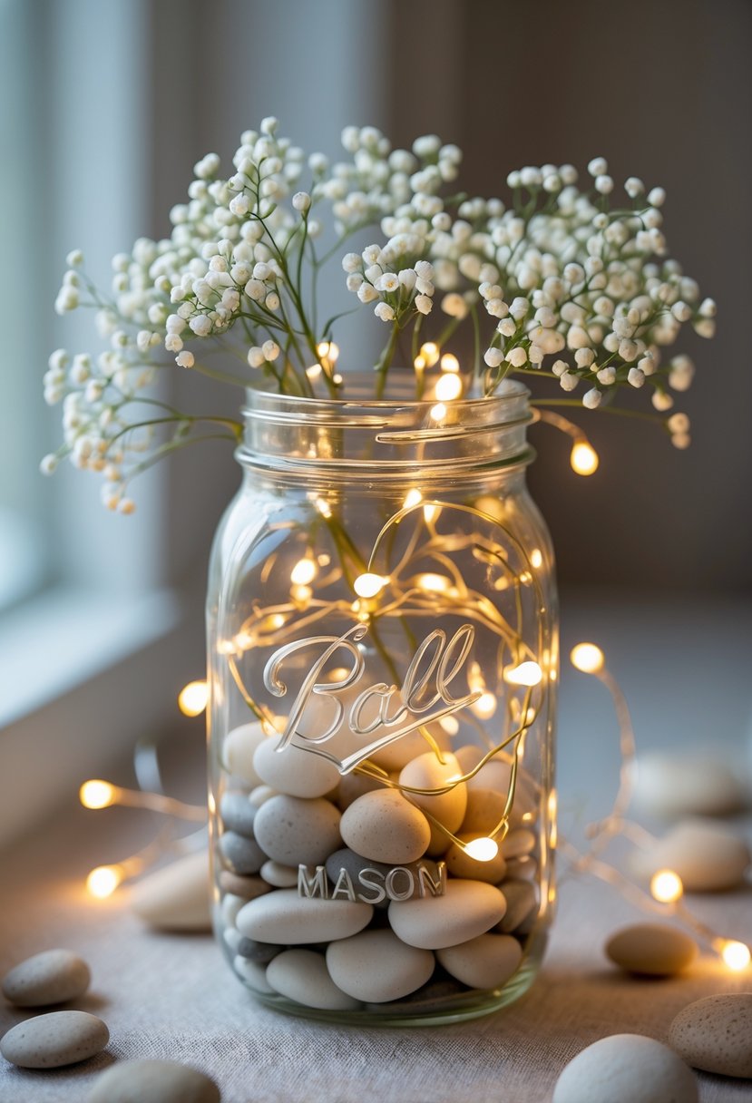 A mason jar filled with pebbles, warm white fairy lights, and sprigs of baby's breath flowers arranged as a centerpiece.