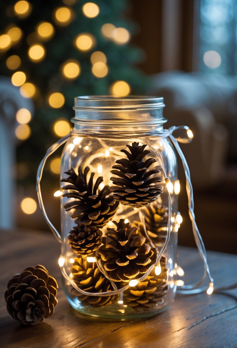 A mason jar decorated with pinecones and wrapped in glowing fairy lights on a wooden surface.
