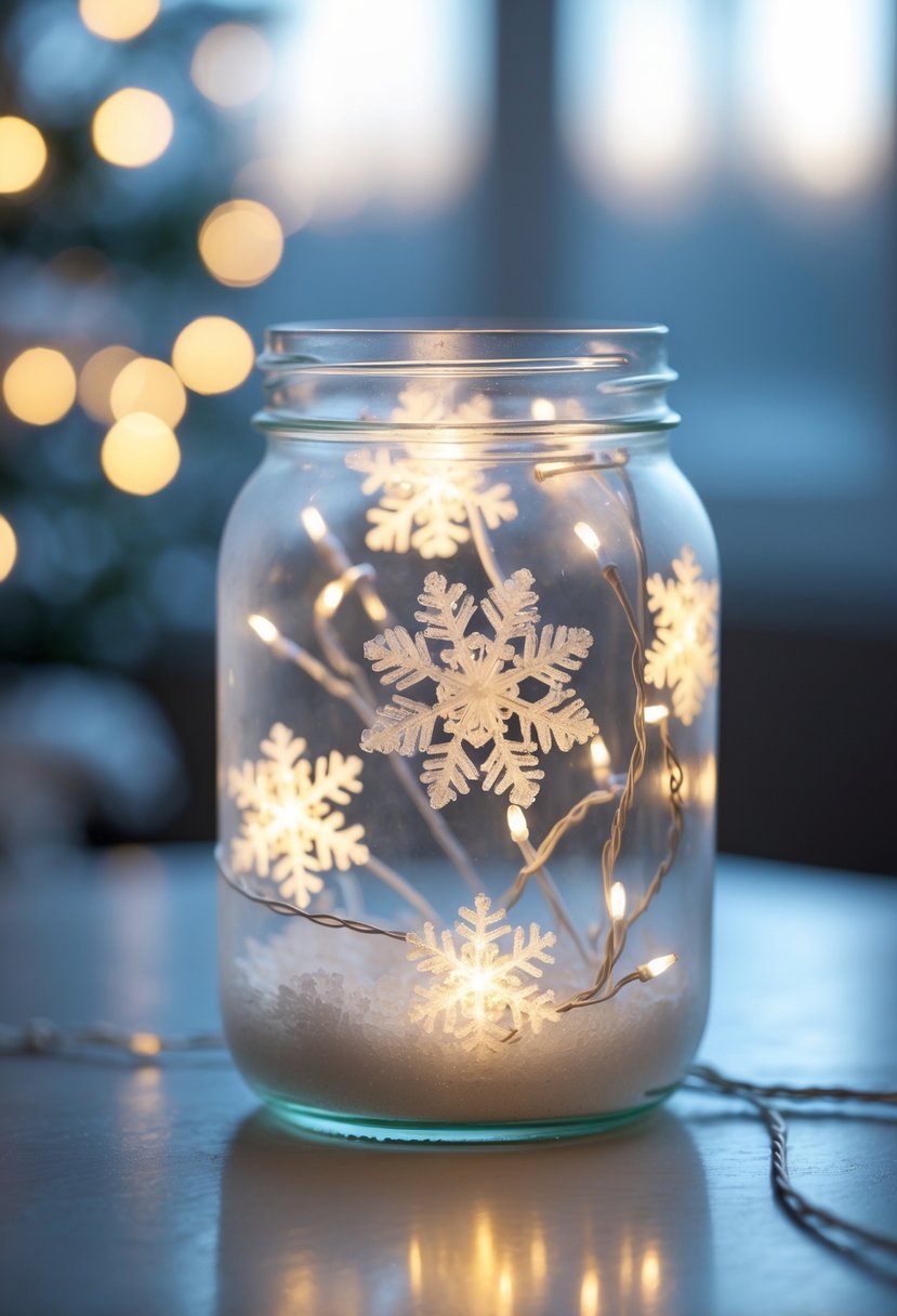 A frosted mason jar filled with cool white fairy lights and delicate faux snowflakes inside, placed as a centerpiece.