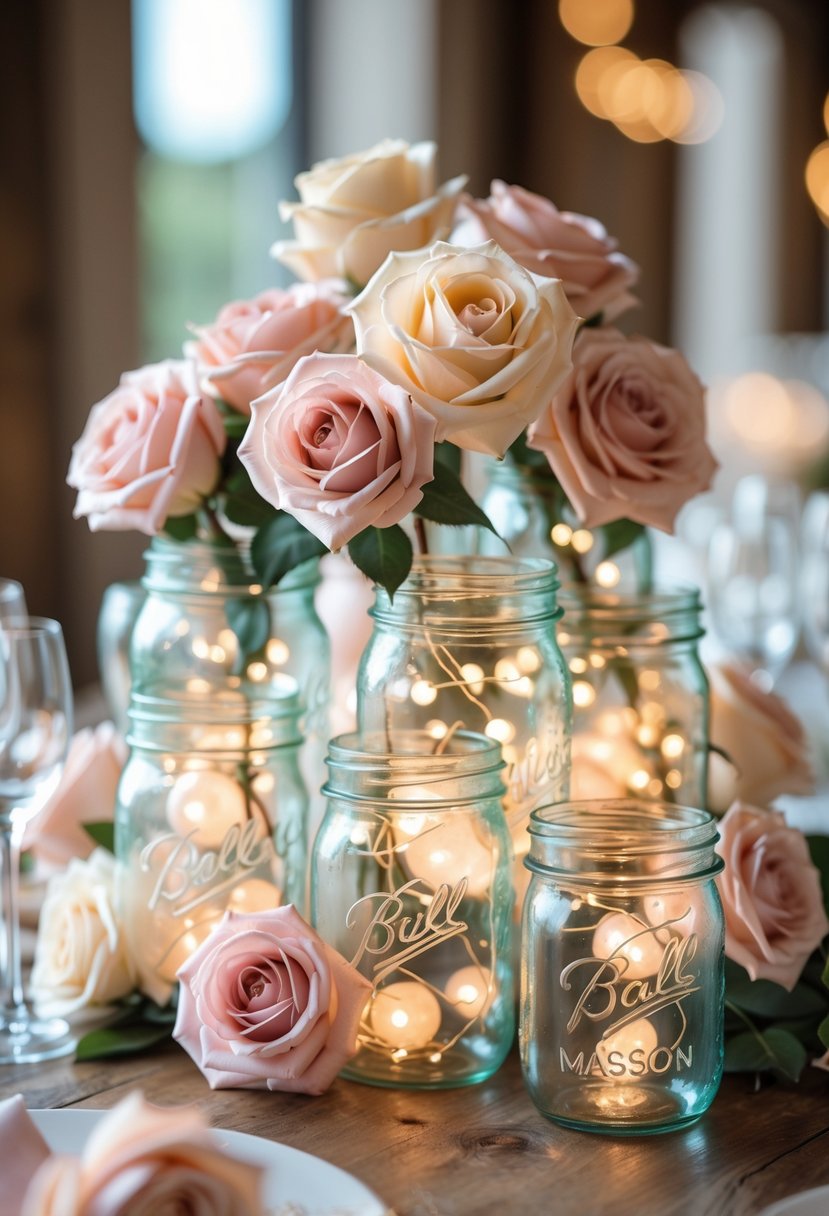Cluster of 15 mason jars with pastel fairy lights and silk roses arranged as a wedding table centerpiece.