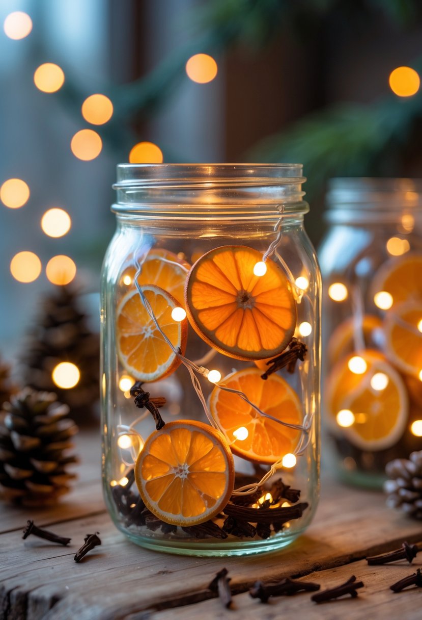 A mason jar filled with glowing fairy lights, dried orange slices, and cloves sitting on a wooden surface.