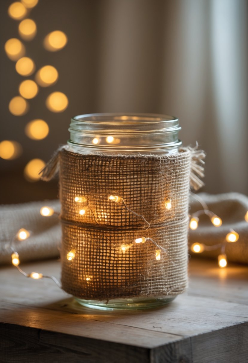 A mason jar wrapped in burlap and filled with blinking amber fairy lights on a wooden surface.