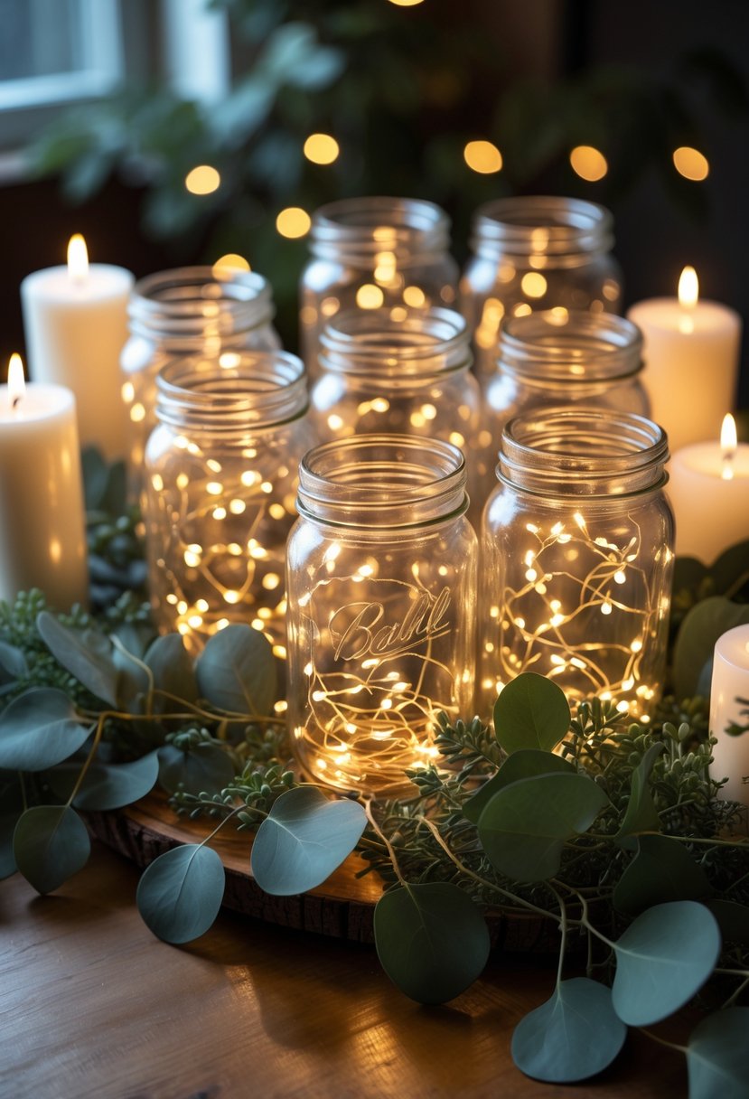 A centerpiece with 15 mason jars glowing with fairy lights, surrounded by eucalyptus leaves and white candles on a wooden surface.