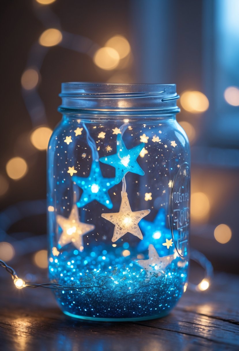 A transparent mason jar filled with glitter, blue fairy lights, and tiny star-shaped decorations glowing softly on a wooden surface.