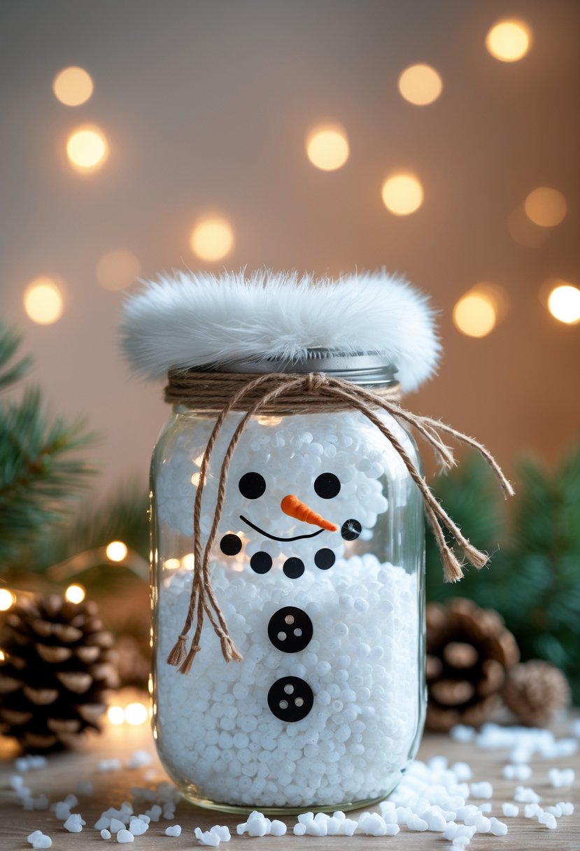 A mason jar decorated as a snowman with white faux fur and twine, surrounded by pine branches and soft holiday lights.