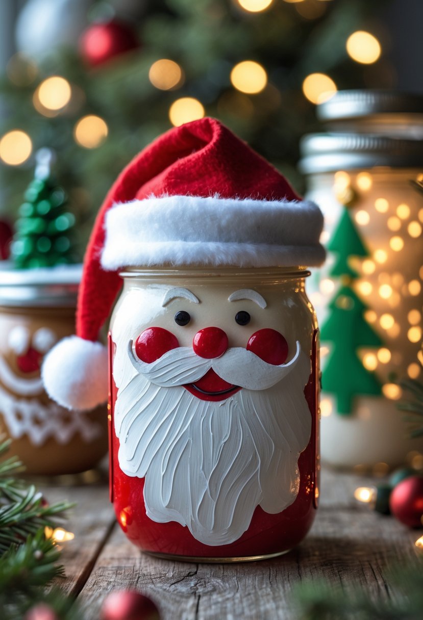 A decorated mason jar made to look like Santa Claus surrounded by other festive Christmas mason jar decorations on a wooden table.
