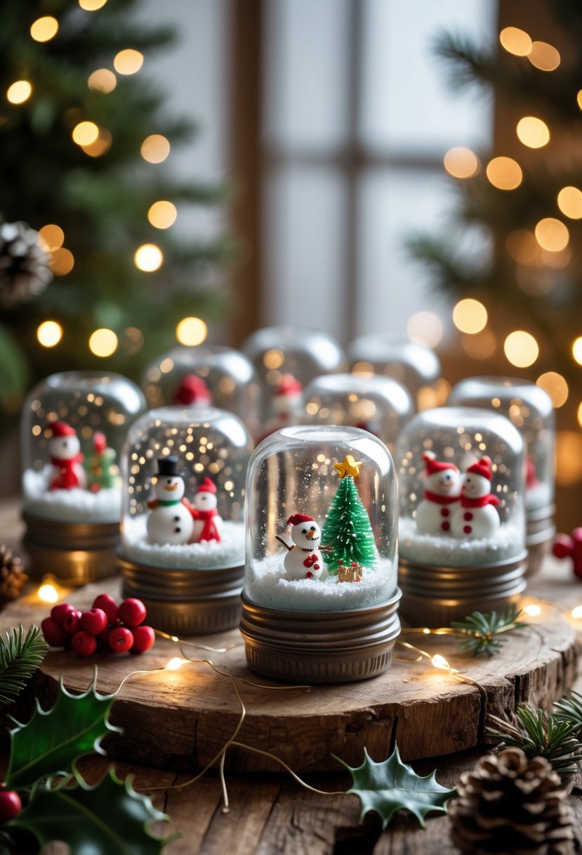 A collection of mason jars decorated as Christmas snow globes with miniature holiday scenes inside, arranged on a wooden surface with festive greenery and lights.