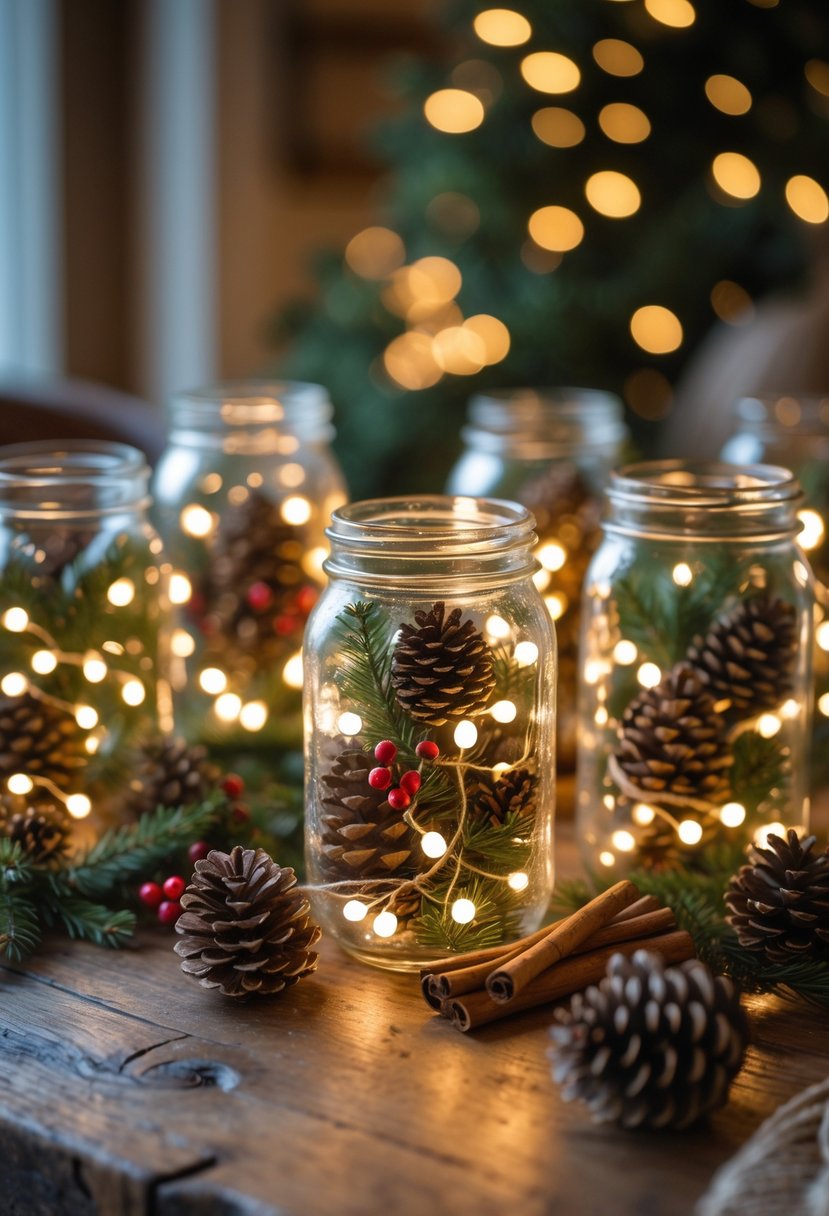A festive Christmas centerpiece with mason jars filled with pinecones and glowing fairy lights arranged on a wooden table.