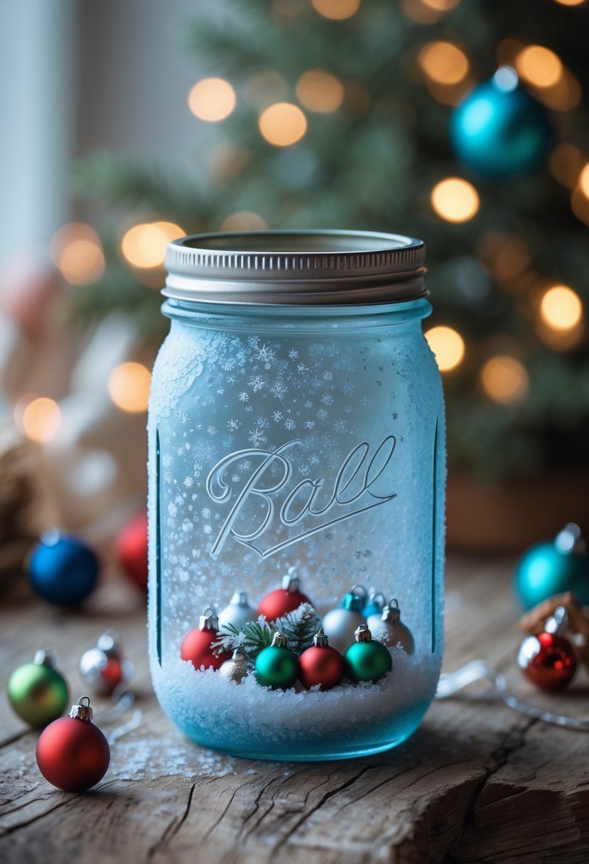 A blue mason jar decorated with a snow effect and small Christmas ornaments on a wooden surface.