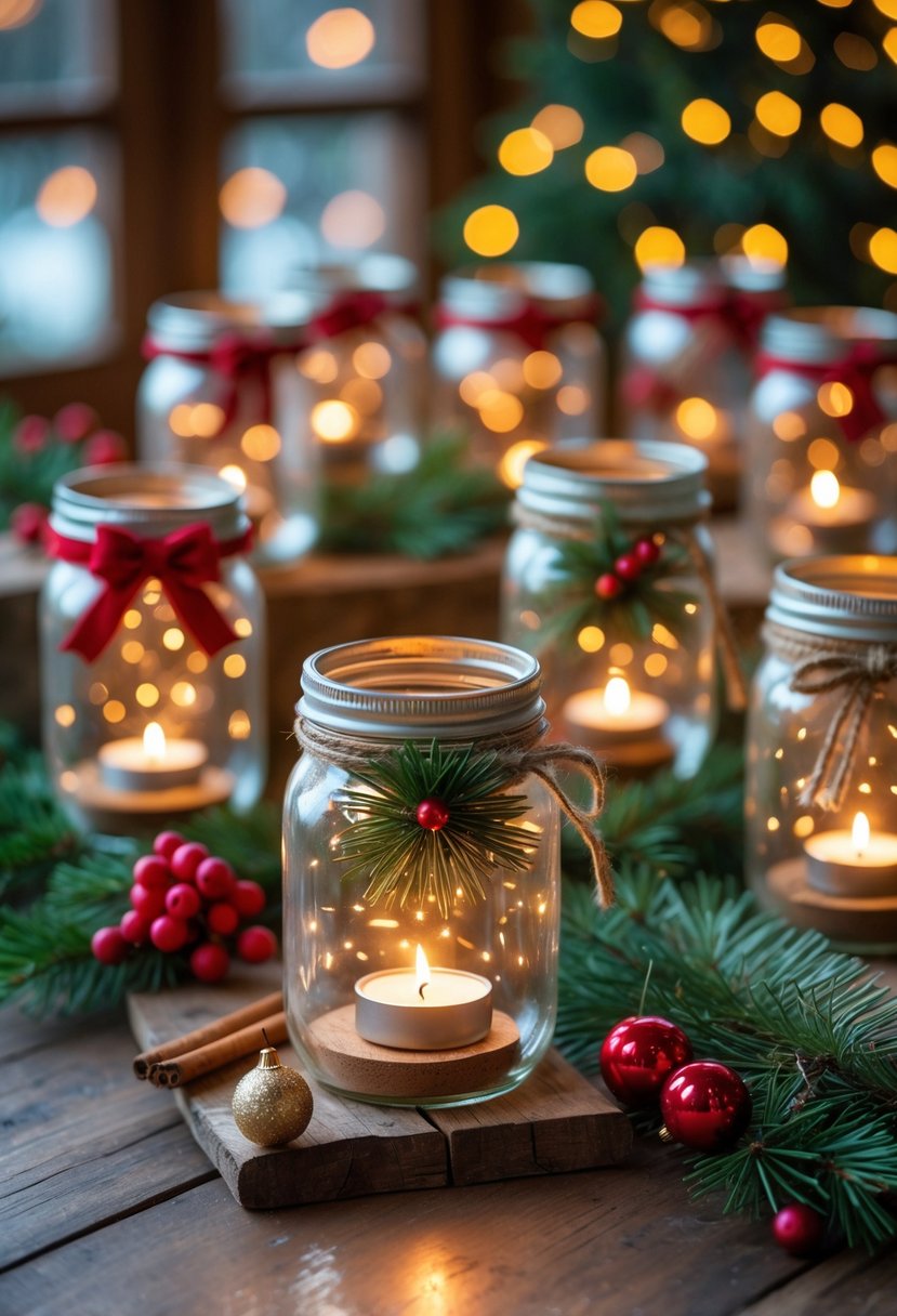 A group of decorated mason jars with glowing LED tea lights inside, arranged on a wooden surface with Christmas decorations around them.