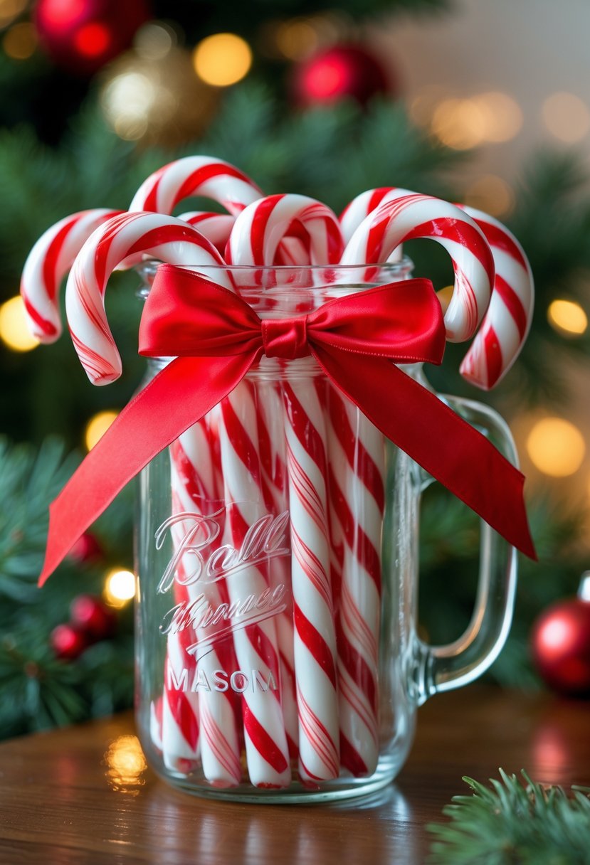 A clear mason jar filled with red and white candy canes tied with a red ribbon, sitting on a wooden surface with blurred holiday decorations in the background.