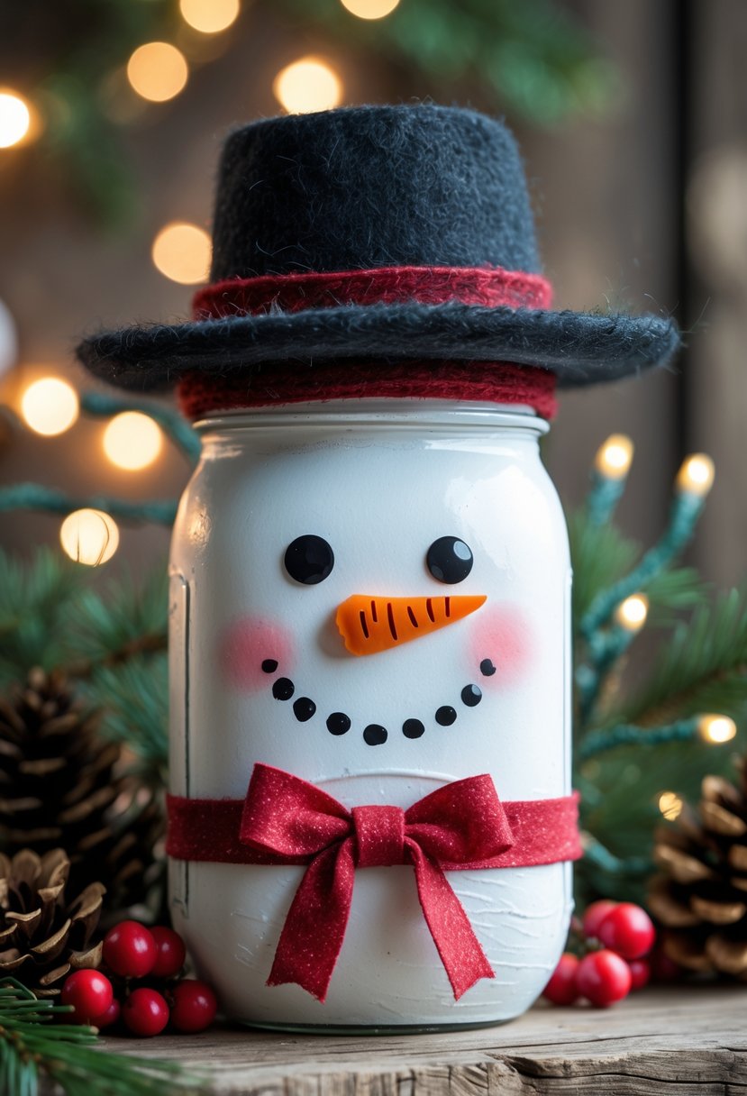 A mason jar decorated as a snowman with a painted face and a black hat, surrounded by Christmas decorations on a wooden surface.