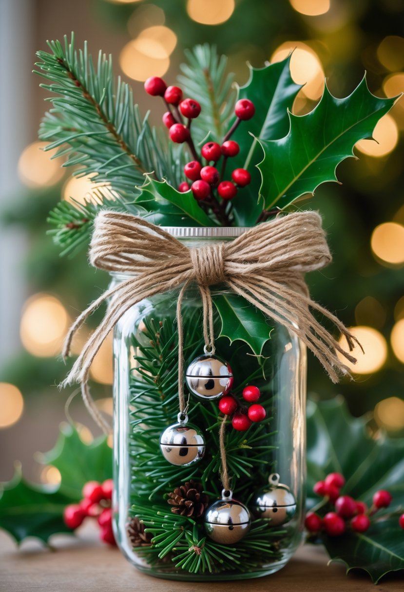 A mason jar decorated with greenery and silver jingle bells, placed on a wooden surface with a softly blurred background.