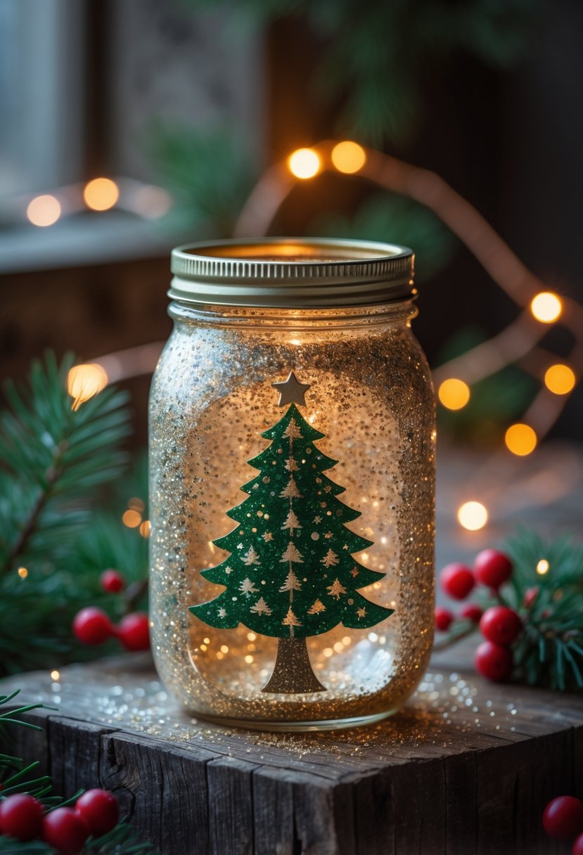 A mason jar decorated with a glittery Christmas tree pattern sitting on a wooden surface surrounded by pine branches and warm holiday lights.
