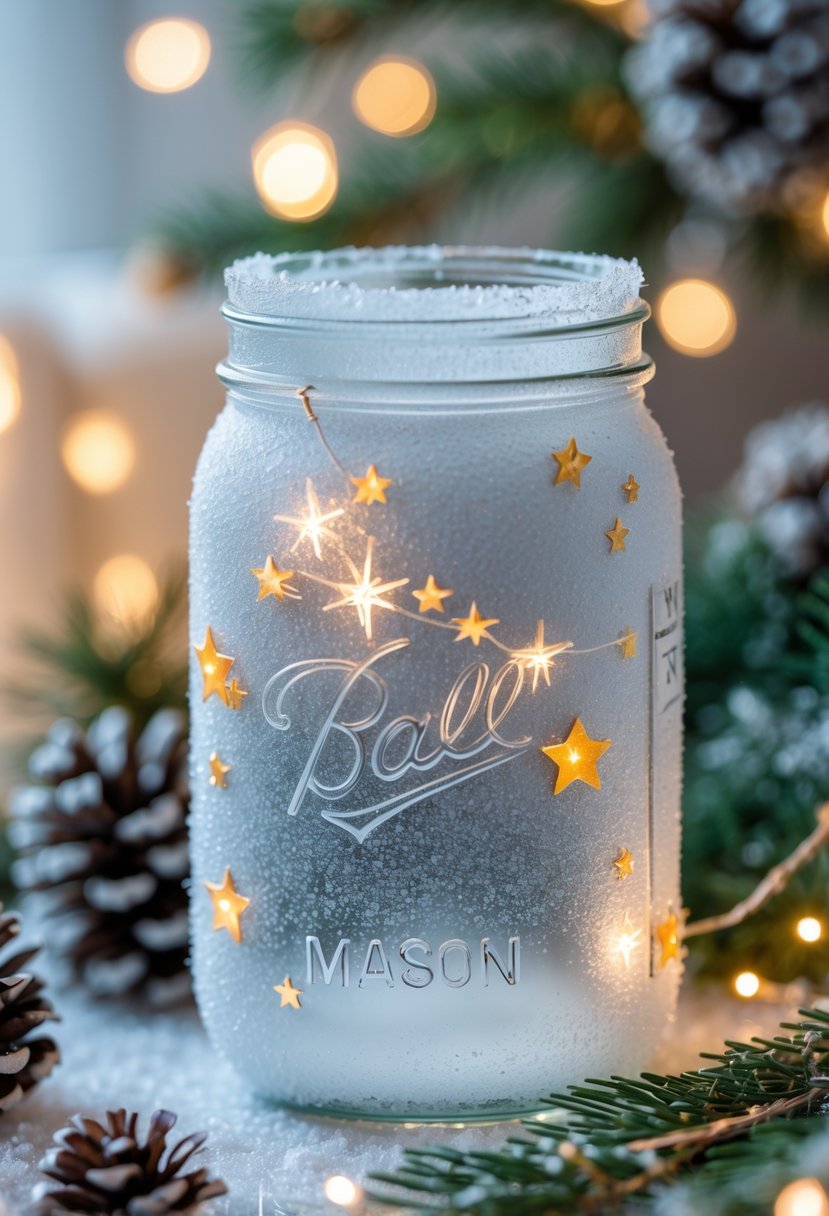 A frosted mason jar decorated with snow spray and small stars, surrounded by pine branches and soft holiday lights.