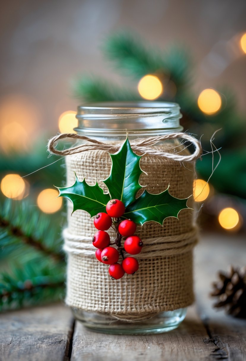 A mason jar wrapped in burlap with a holly sprig attached, sitting on a wooden surface with festive greenery in the background.
