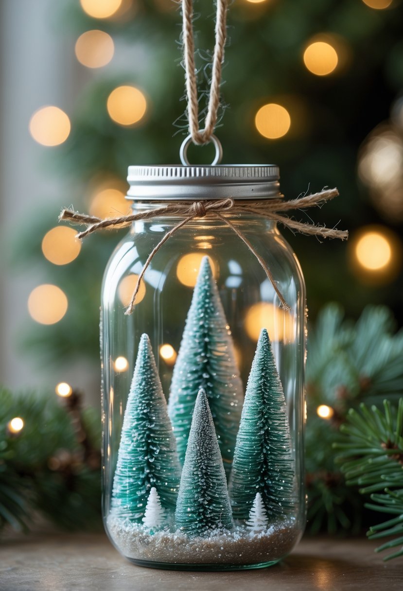 A clear mason jar ornament filled with miniature Christmas trees hanging by twine against a blurred festive background with warm lights.