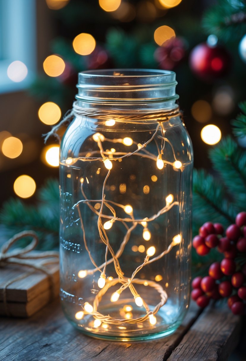 A mason jar filled with glowing string lights sitting on a wooden surface surrounded by Christmas decorations.