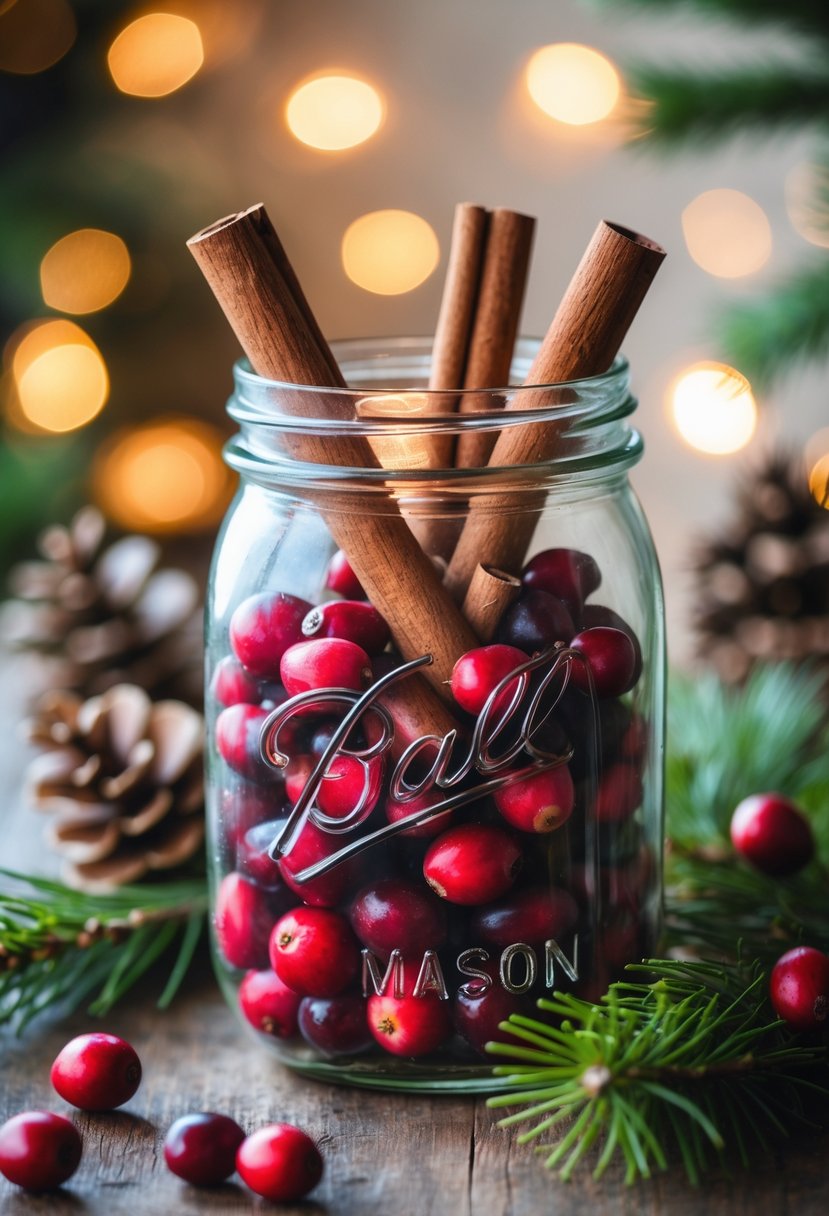 A rustic mason jar filled with cinnamon sticks and cranberries on a wooden surface with pine cones and evergreen sprigs nearby.