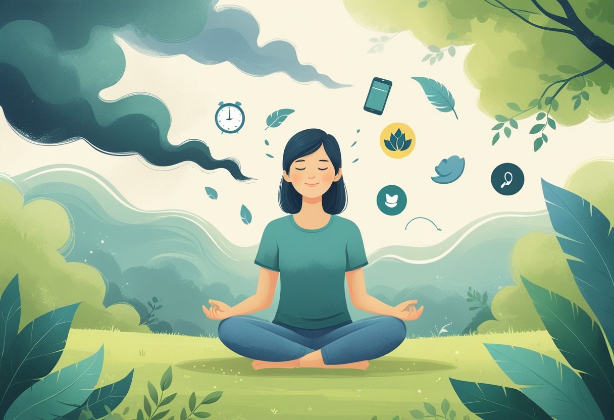 Pessoa sentada calmamente em um ambiente natural, cercada por elementos que simbolizam ansiedade e técnicas para aliviá-la, transmitindo sensação de tranquilidade e equilíbrio.