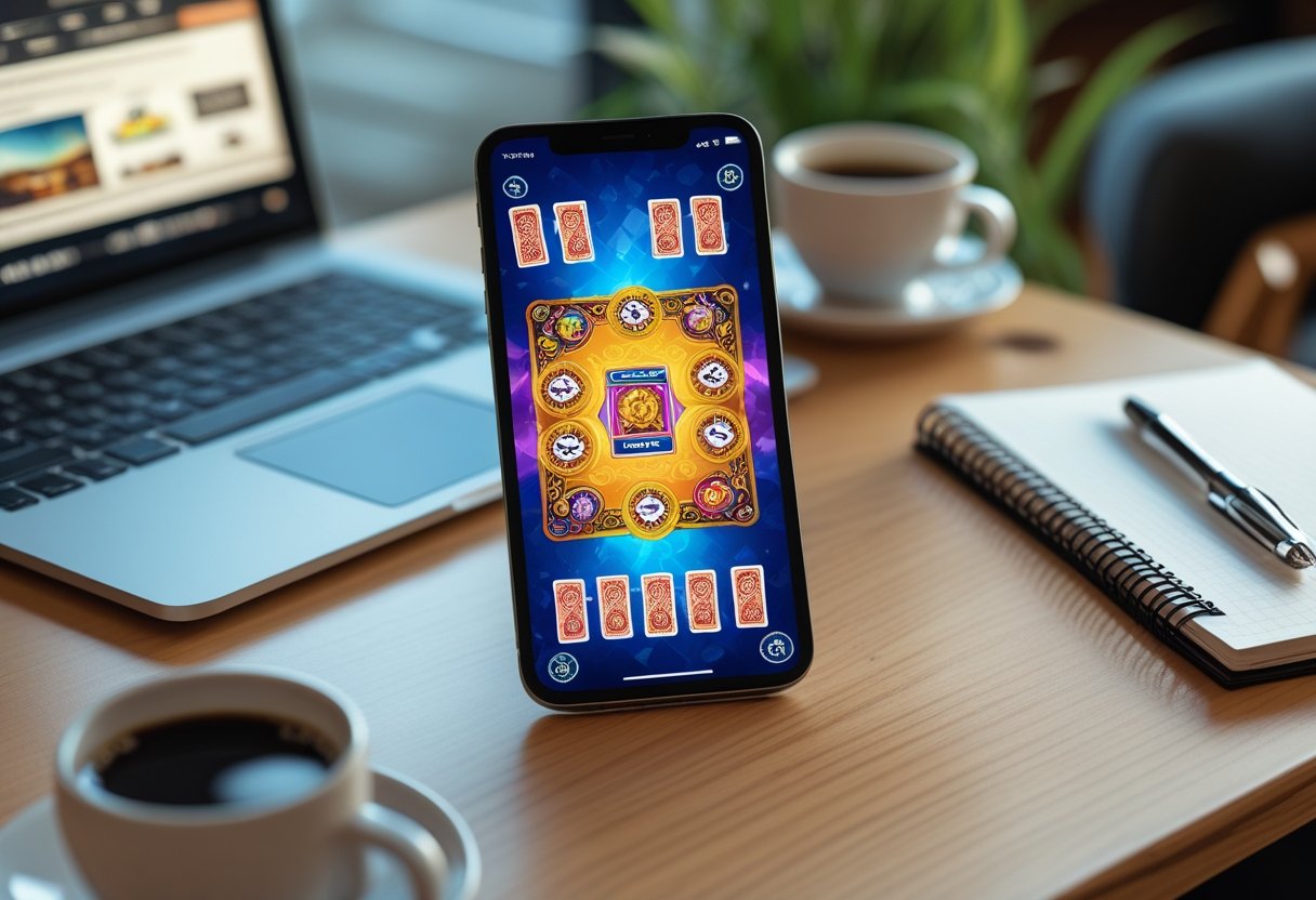 A smartphone on a wooden desk displaying a colorful card game screen, surrounded by a laptop, coffee cup, and notebook in a cozy home office setting.