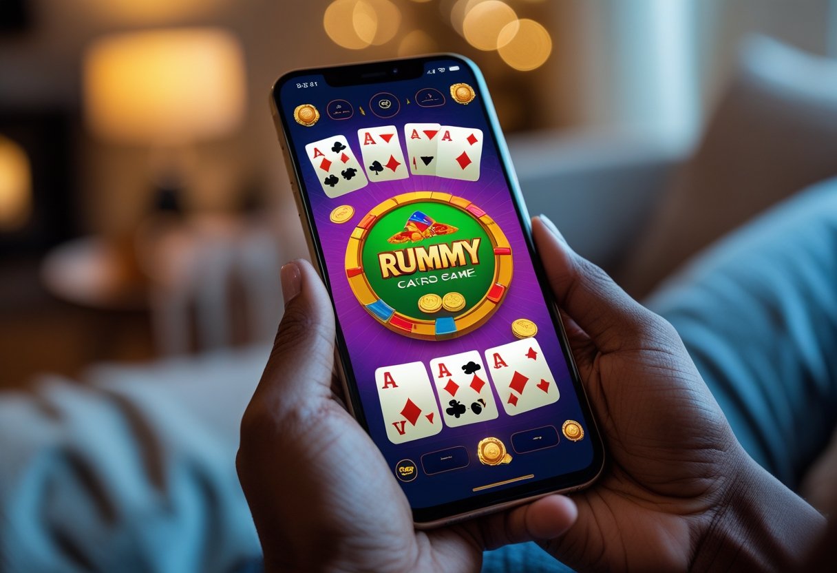 A person holding a smartphone showing an online rummy card game on the screen.