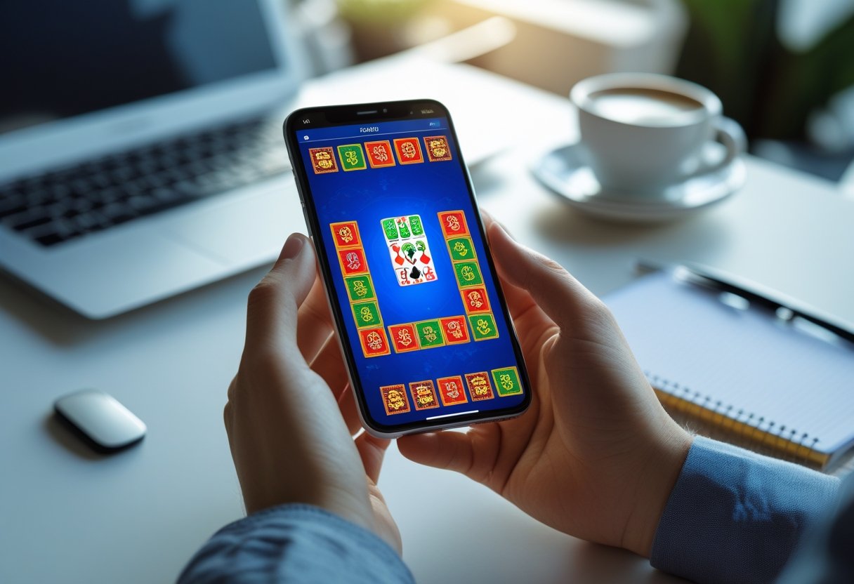 Person holding a smartphone showing a card game, sitting at a desk with a laptop and coffee cup nearby.