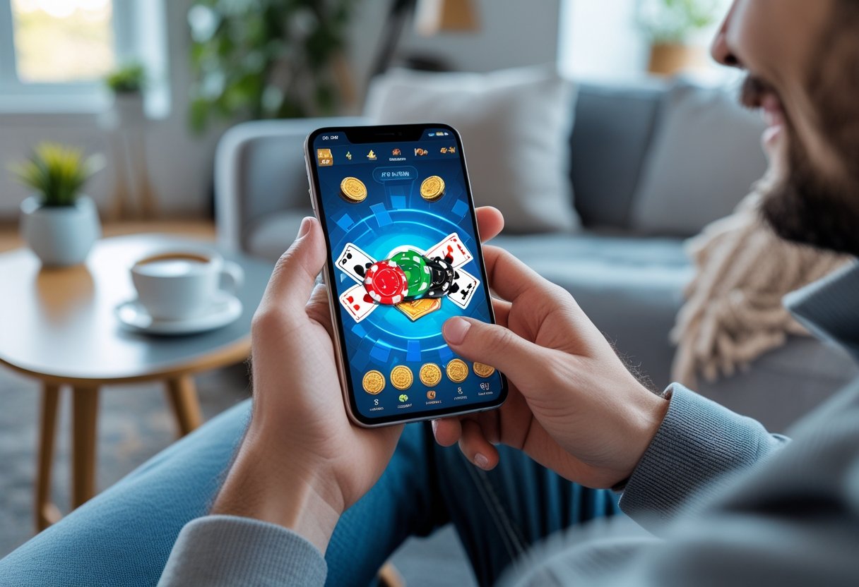 A young adult sitting on a sofa playing a card game on a smartphone in a bright room.