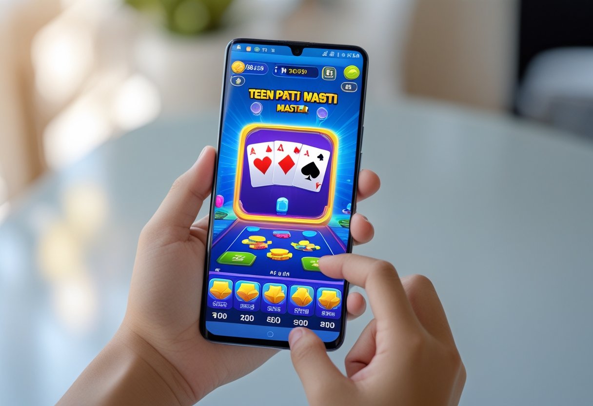 A person holding a smartphone showing a colorful card game interface on the screen.