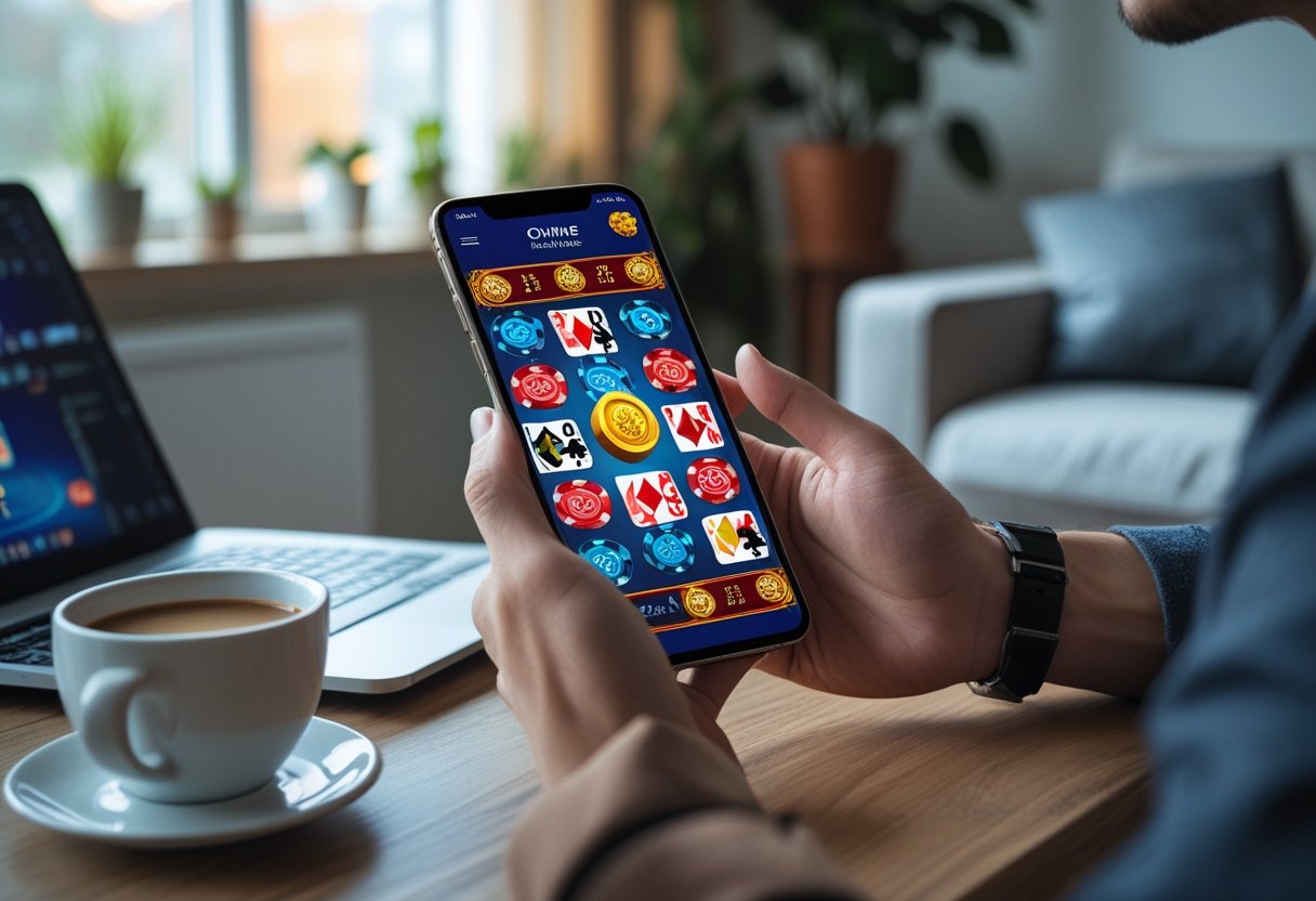 A person playing an online card game on a smartphone at a table in a cozy living room.