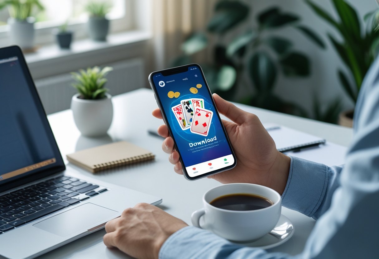 Person using a smartphone at a desk with a laptop and coffee in a home office setting.