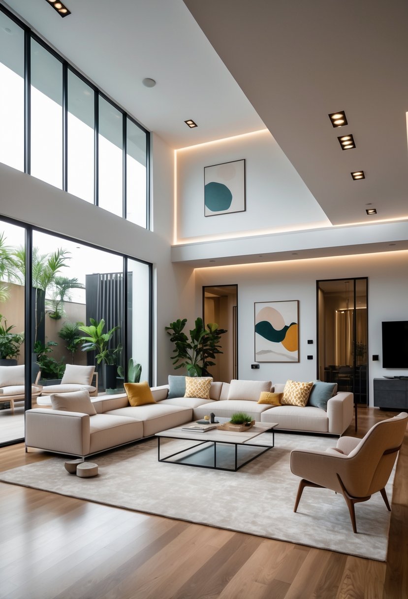 Contemporary Living Room Ideas 2026: 21 Stylish Designs for Modern Homes 2 A bright and spacious living room with large windows, modern furniture, indoor plants, and a polished hardwood floor.