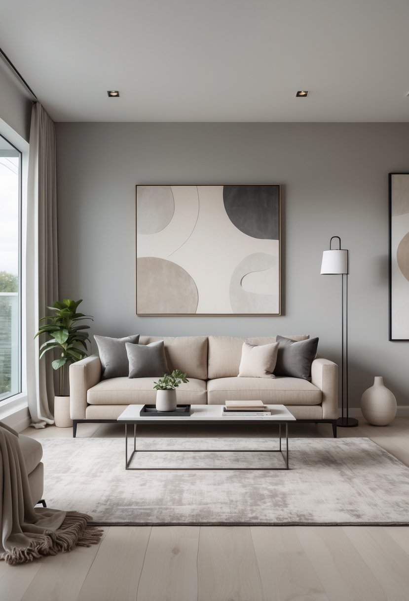 Contemporary Living Room Ideas 2026: 21 Stylish Designs for Modern Homes 3 A spacious living room with a beige sofa, gray pillows, a coffee table, large windows, and soft natural lighting.