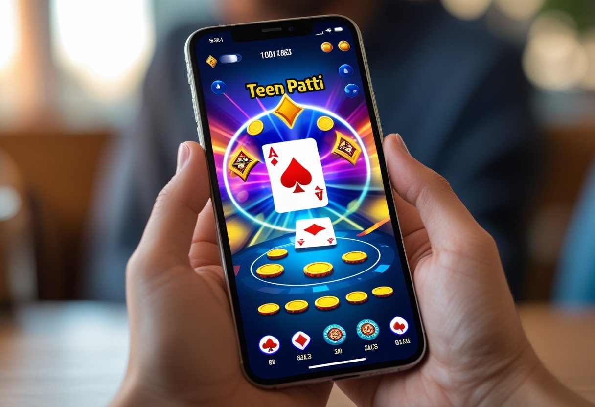 A person holding a smartphone showing a colorful card game interface with playing cards and poker chips.