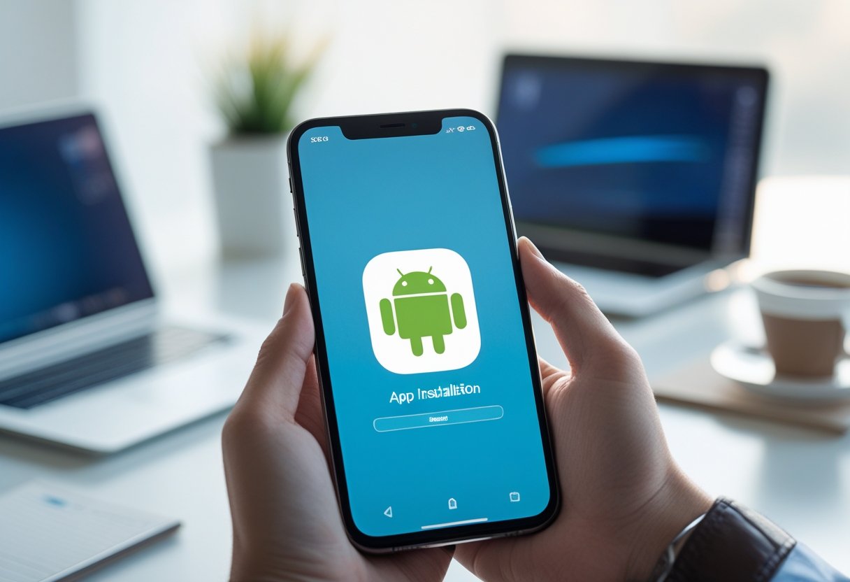 A person holding a smartphone showing an app installation screen in a bright workspace.