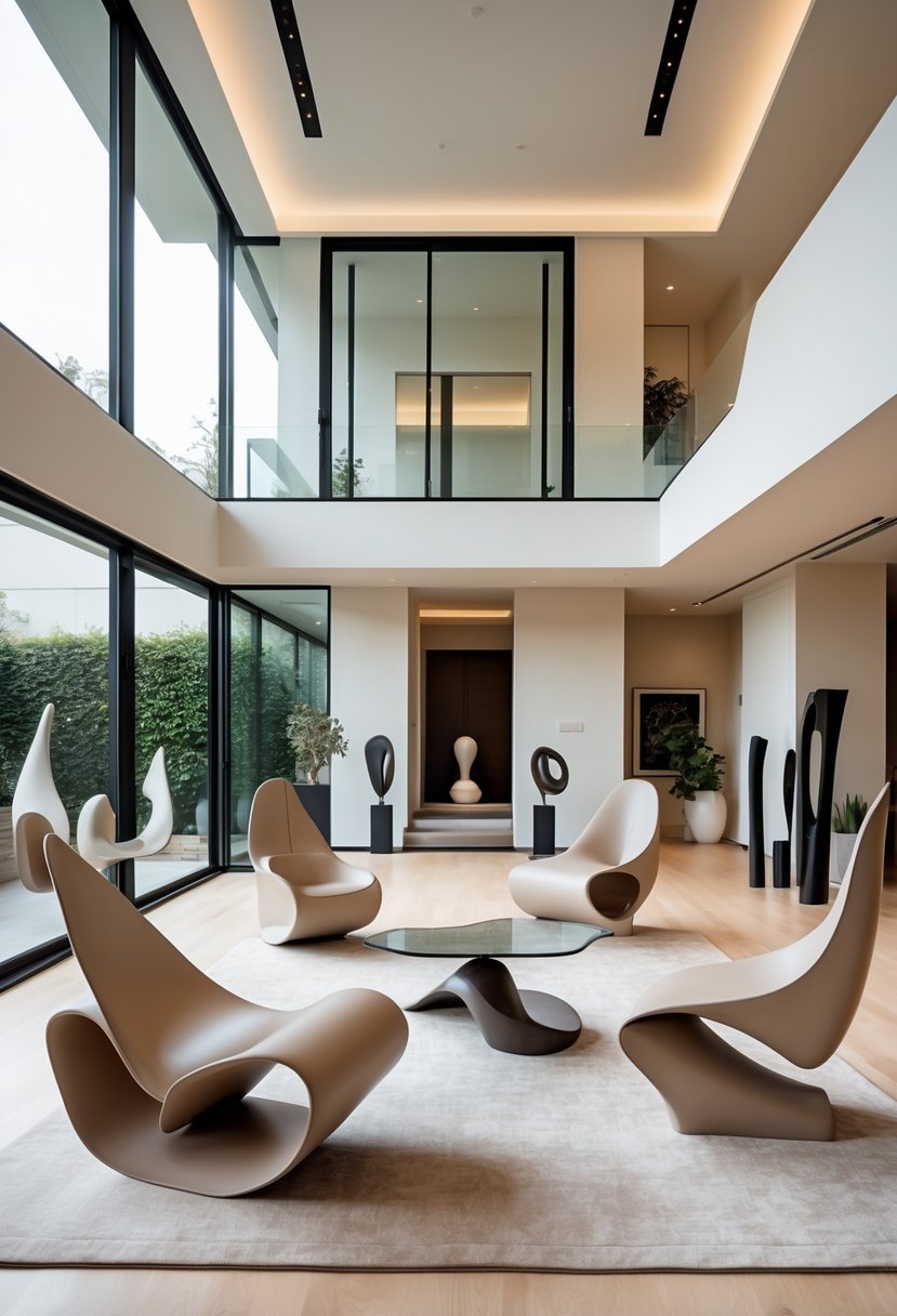 Contemporary Living Room Ideas 2026: 21 Stylish Designs for Modern Homes 4 A bright living room with large windows featuring uniquely shaped chairs and tables, light hardwood floors, and decorative plants.