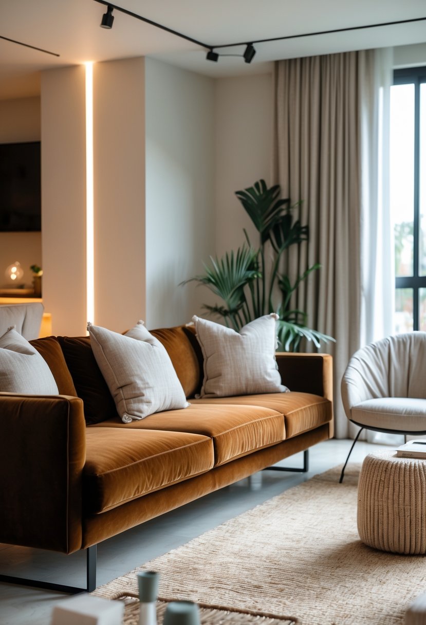 Contemporary Living Room Ideas 2026: 21 Stylish Designs for Modern Homes 5 A living room with a velvet sofa, linen pillows, an armchair, a coffee table, and indoor plants.