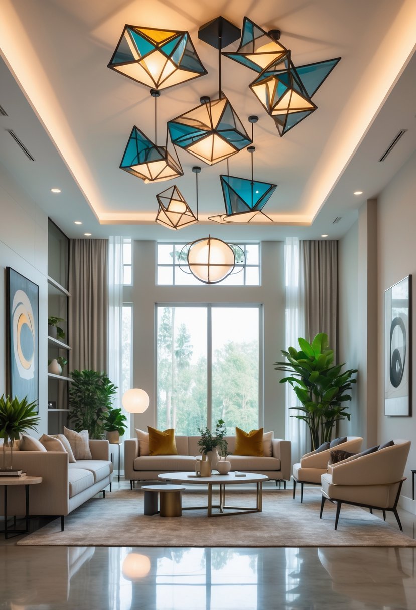 Contemporary Living Room Ideas 2026: 21 Stylish Designs for Modern Homes 6 A bright living room with large geometric pendant lights hanging from the ceiling, modern furniture, and decorative plants.