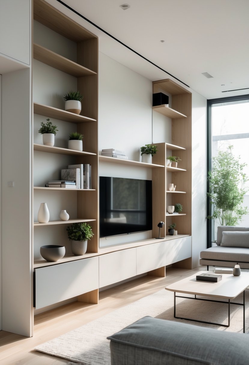 Contemporary Living Room Ideas 2026: 21 Stylish Designs for Modern Homes 7 A living room with built-in minimalist shelving holding books and plants, a sofa, and a coffee table under natural light.