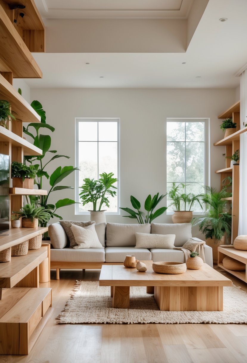 Contemporary Living Room Ideas 2026: 21 Stylish Designs for Modern Homes 8 A living room with a modern sofa, wooden coffee tables and shelves, large windows letting in natural light, indoor plants, and light hardwood flooring.