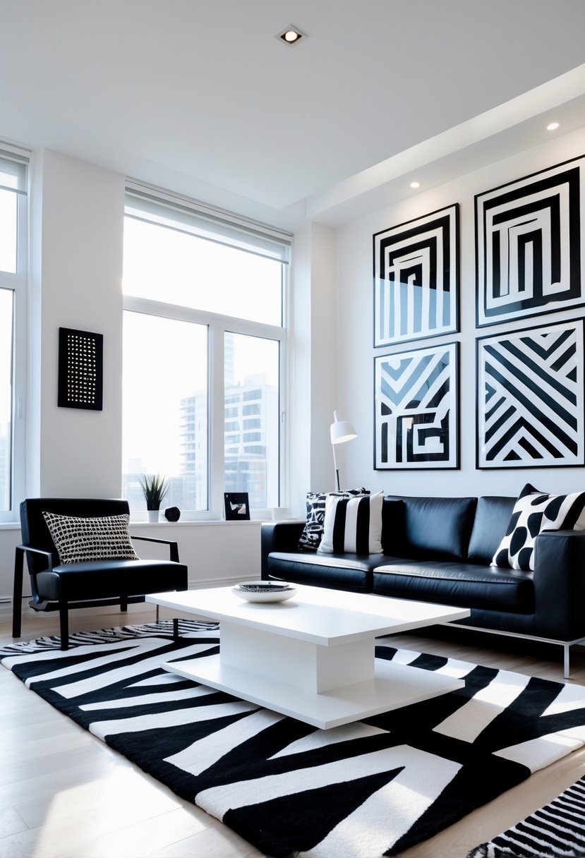 Contemporary Living Room Ideas 2026: 21 Stylish Designs for Modern Homes 9 A bright living room with a black leather sofa, white coffee table, large windows, and black and white wall art.